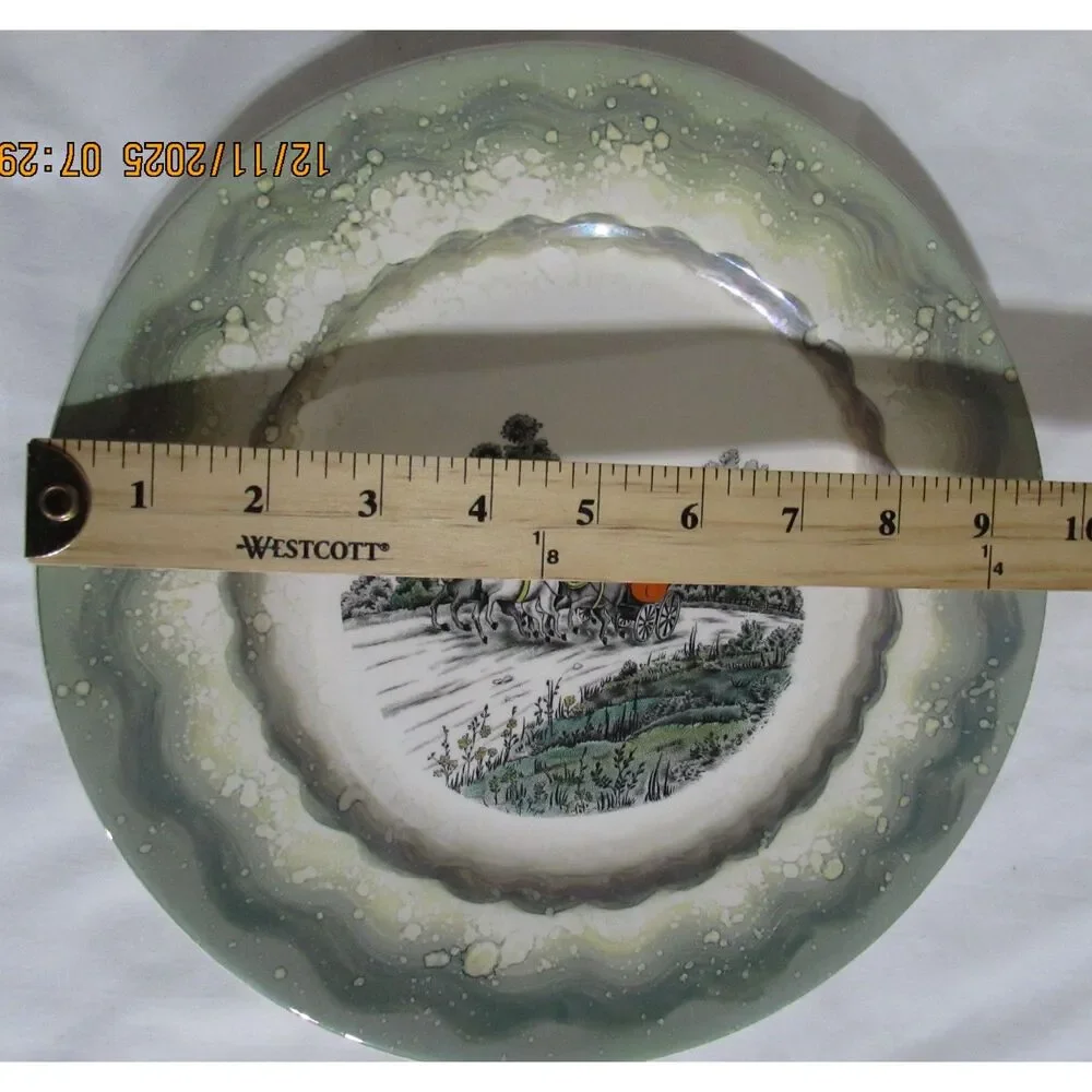 Vintage Old Castle made in England winter scene plate green horse and carriage